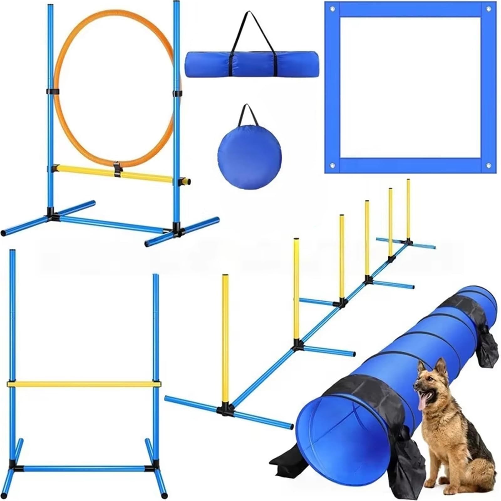 Agility-Trainingsset für Hunde, Starter-Hinderniskurs mit Reifensprung, Hürde, Tunnel, Webstangen, Pausenbox für Indoor-Outdoor-Übungen