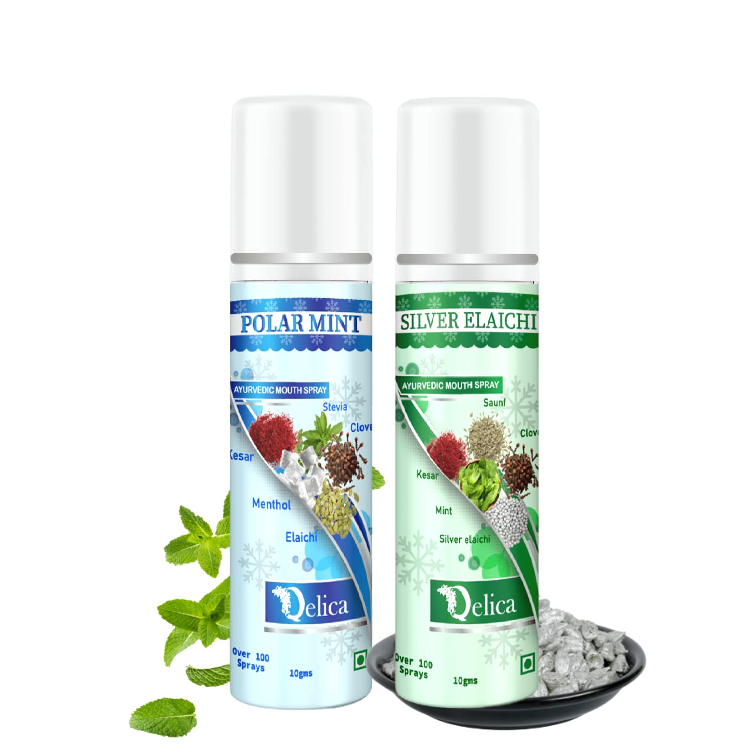 Qelica Polar Mint & Silver Elachi Ayurvedic Mouth Spray 20 gram Breath Freshener for Oral Hygiene Fresh Breath 100+ Spray for Men and Women Long Lasting, Pocket Friendly