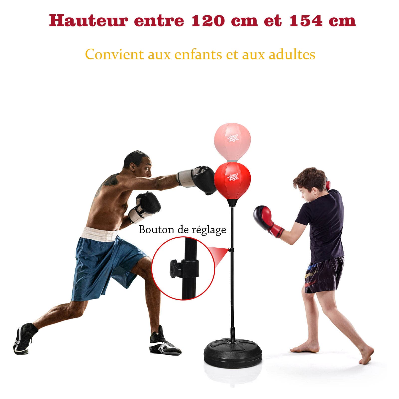 GYMAX Punching Ball avec Hauteur Réglable pour Enfants et Adultes, Sac de Frappe sur Pied avec Pompe, 2 Gants de Boxe Idéals pour l'Entraînement de Boxe, Rouge