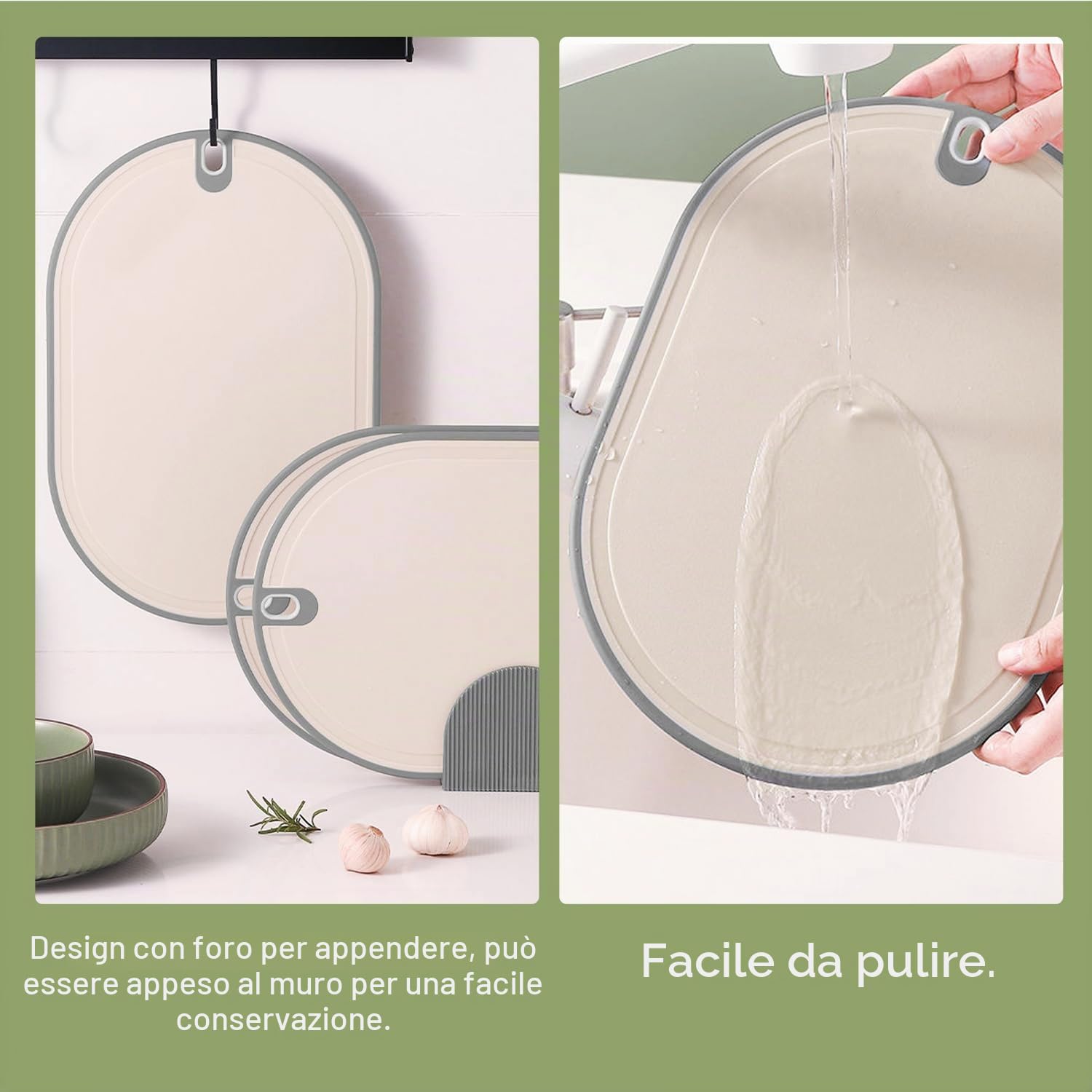 Tagliere 3 pezzi in Paglia di Grano, Cutting Board, Tagliere con Scanalature per Succo, Maniglie Antiscivolo, Fori per Appendere e Base, Tagliere da Cucina senza BPA