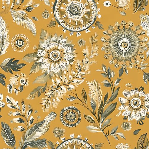 FunStick Papel Pintado Flores Hojas Tropicales Papel Pintado Autoadhesivo Amarillo y Naranja Vinilo Autoadhesivo Muebles Floral Vintage Vinilo Adhesivo Pared Comedor Cocina Botánico Amarillo 44.5CMx3M