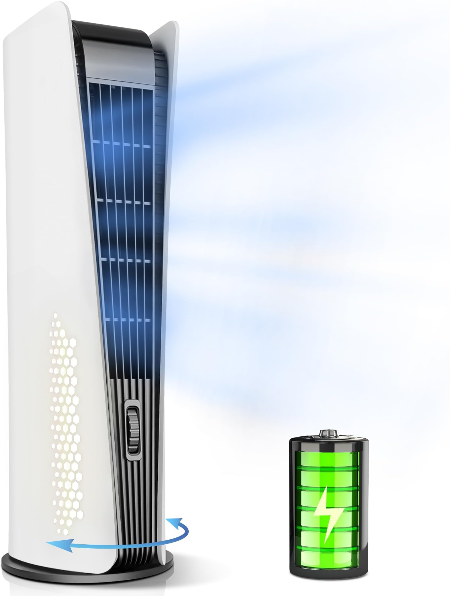 10000mAh Tower Fan for Bedroom,Quiet Floor Fan,180° Oscillating Bladeless Fan,Portable Fan with 3 Speeds, Timer, Night Light, LED Display,Rechargeable Desk Fan for Home Office