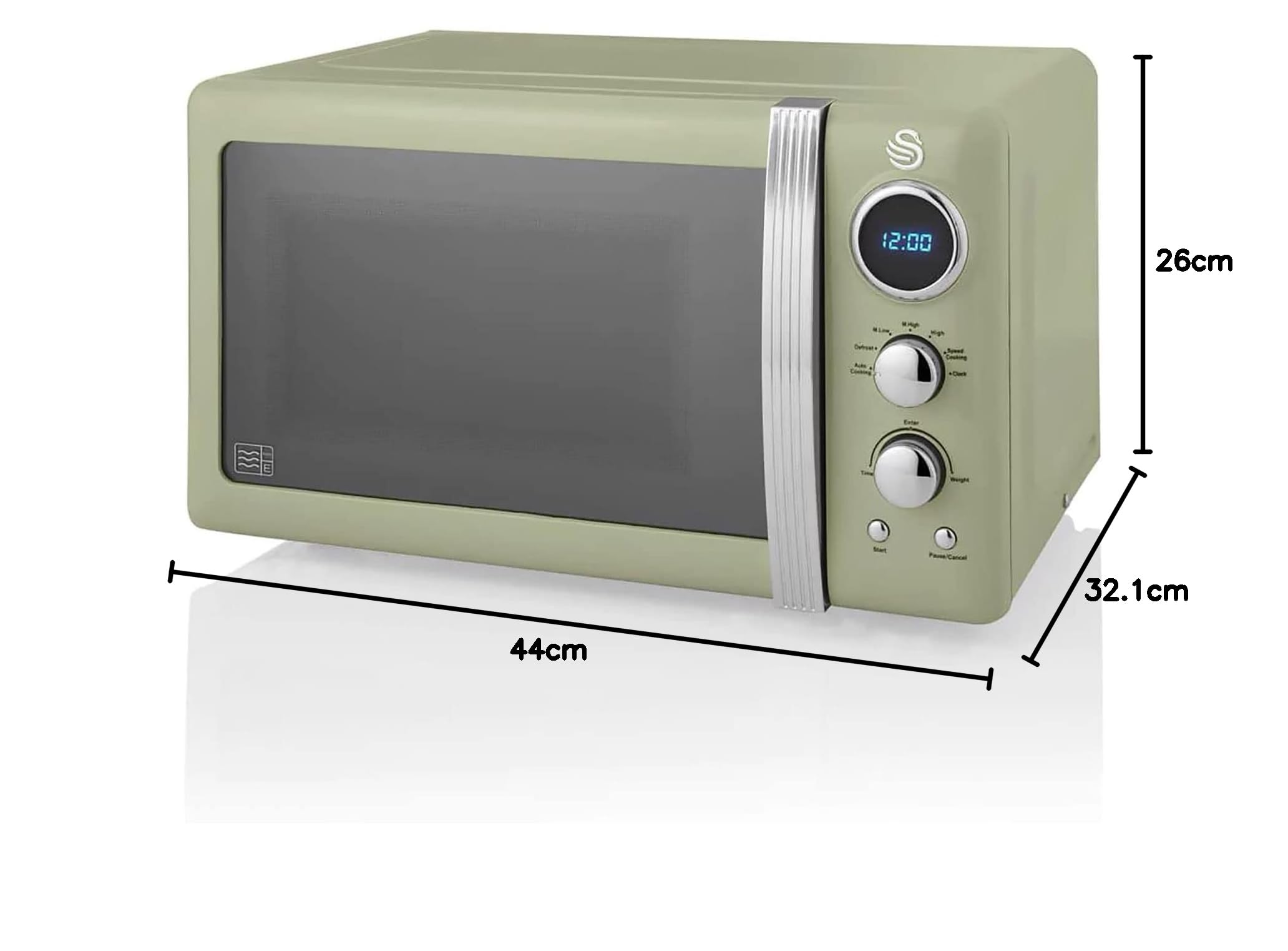 Swan Retro SM22030GNEU Micro-ondes Numérique 20L, 5 Niveaux de Puissance, Fonction Décongélation, Minuterie 60 Minutes, Porte à Effet Miroir, Plateau Tournant 27cm, Design Vintage, Vert, 800W
