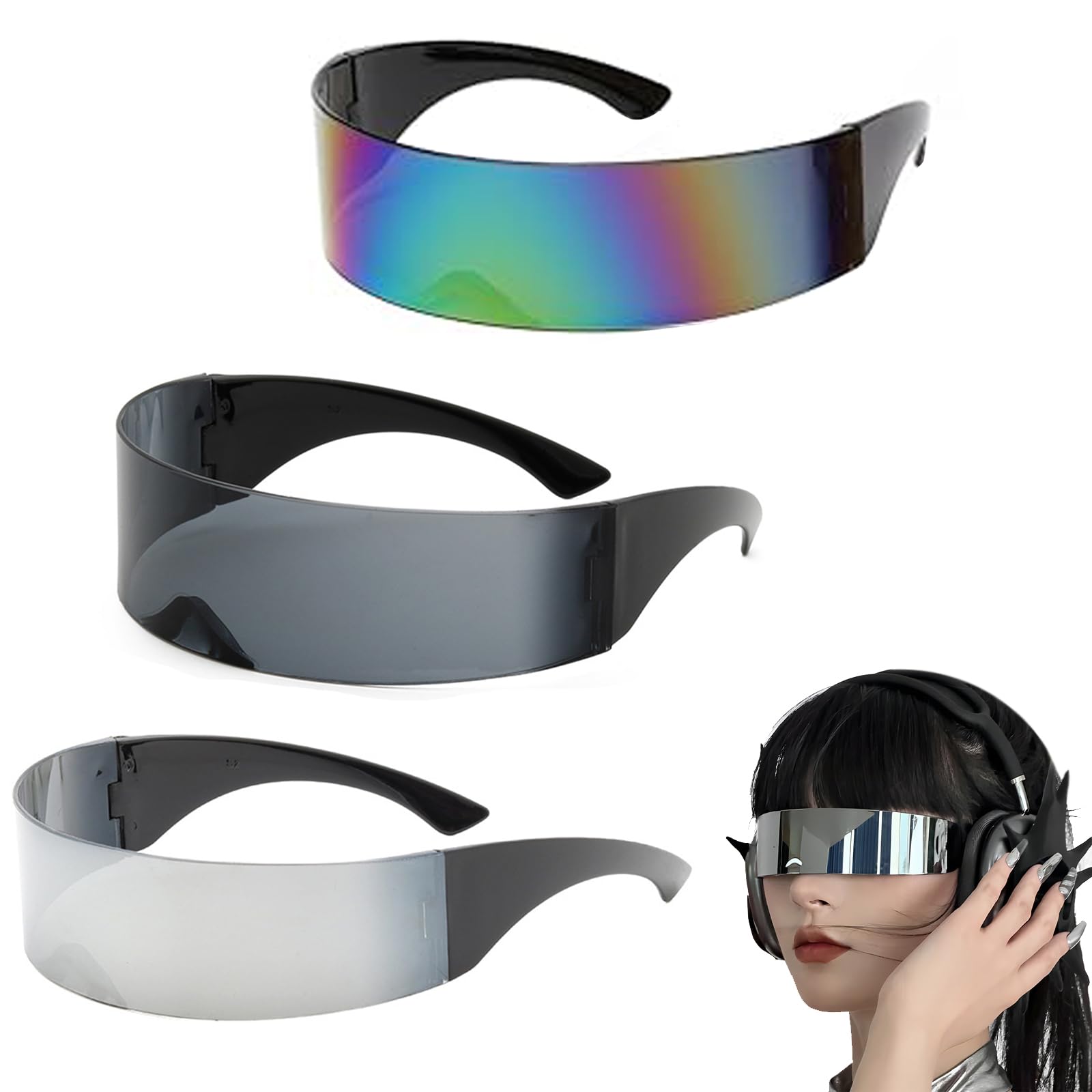 iwobi 3 Pairs Of Alien Glasses,Futuristic Space Glasses,Cool Sunglasses,Cyberpunk Glasses,Fun Glasses For Cosplay,For Kids And Adult（Silver）