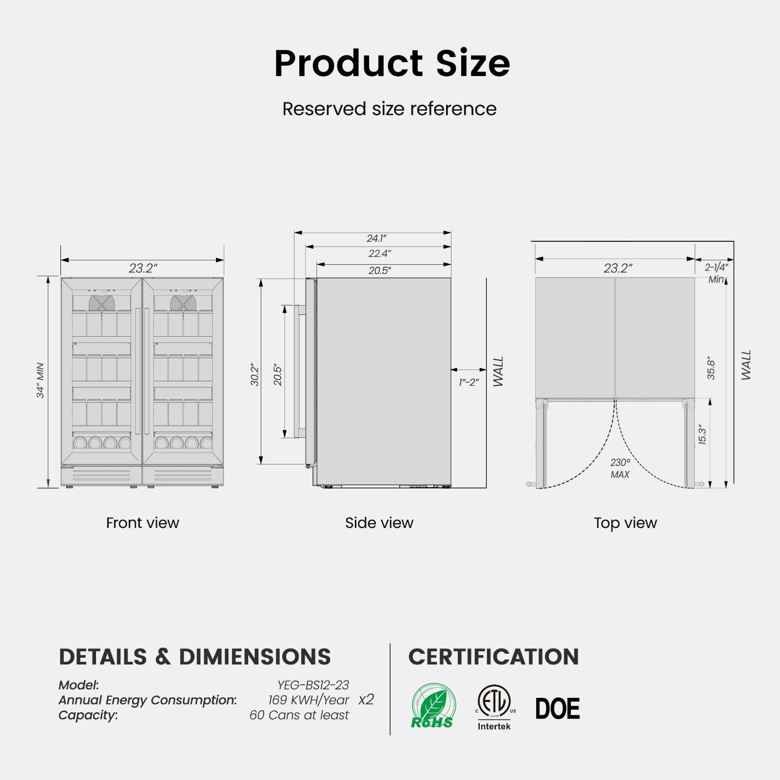 YEEGO Beverage-Refrigerator,12 Inch Beverage Cooler 2pcs Small Wine Fridge Built-In Or Freestanding With Auto Defrost, Mini Fridge With Glass Door For Bottles And Cans Beer/Soda/Water/Wine on Fridge.com - View 6