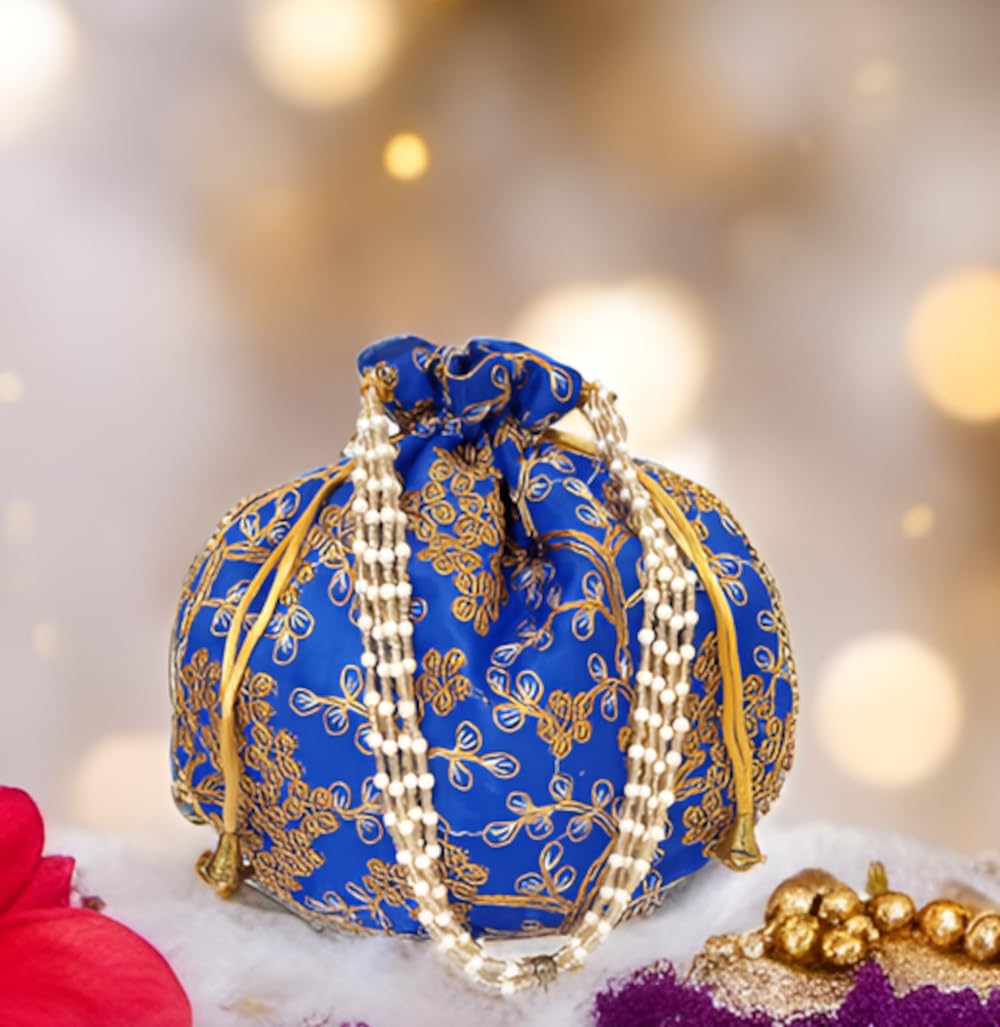 Purpledip Silk Potli Bag (Clutch, Drawstring Purse): Intricate Gold Thread & Sequin Embroidery Satchel For Women, Blue (12602D) - Image 2 thumbnail