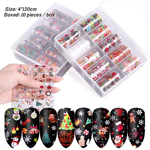 Valuu 10 Rolls Christmas pattern Nail Art Foil Transfer Stickers Holiday Star Laser Nail Foil Adhesive Decals Starry Sky Manicure Transfer Tips Christmas Nail Art DIY Decoration Kit