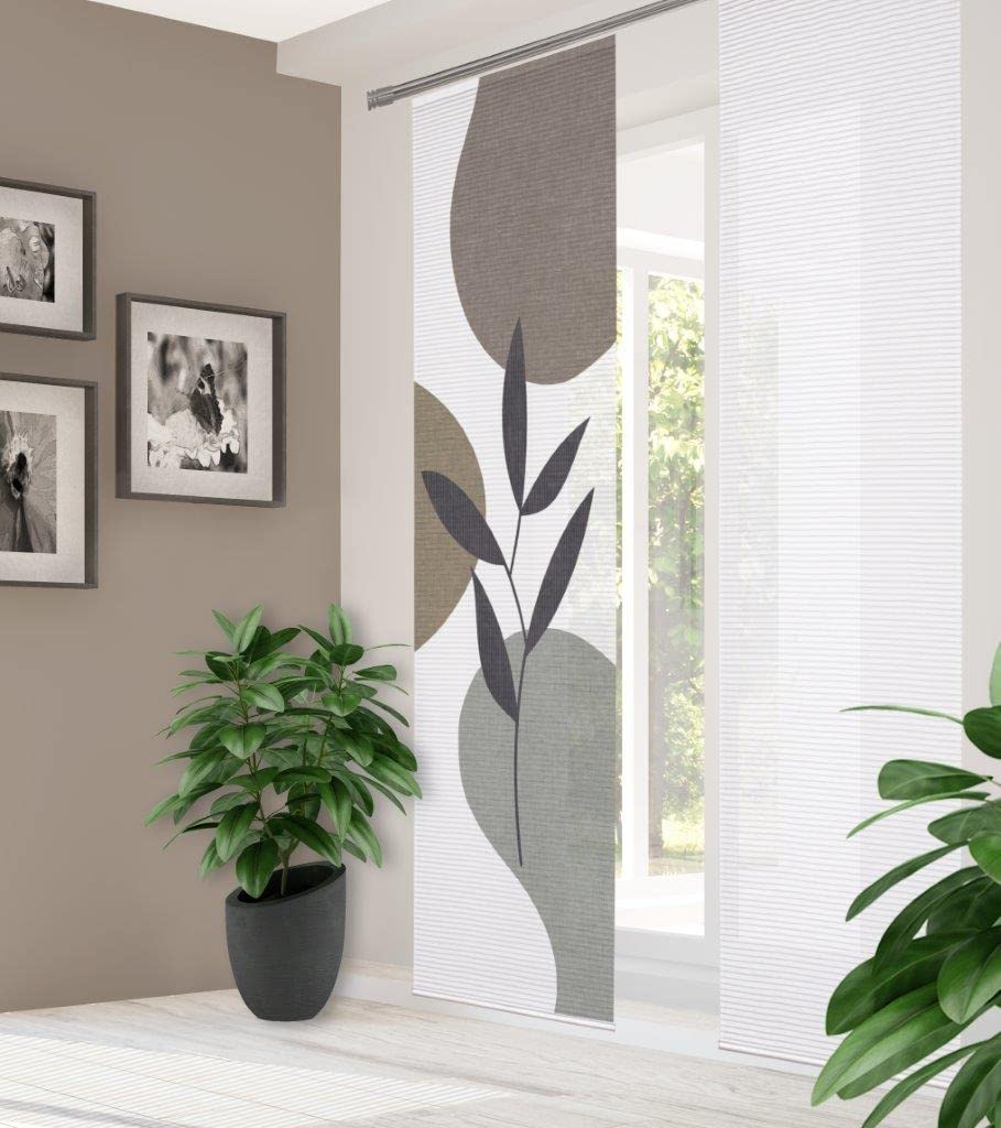84074 FRONDA Schiebegardine, recyceltem Polyester 245x60 cm, Farbe:Stein, Größe:245 x 60 cm, Anzahl:5er Set (2X Bedruckt. 2X Uni. 1x Uni)