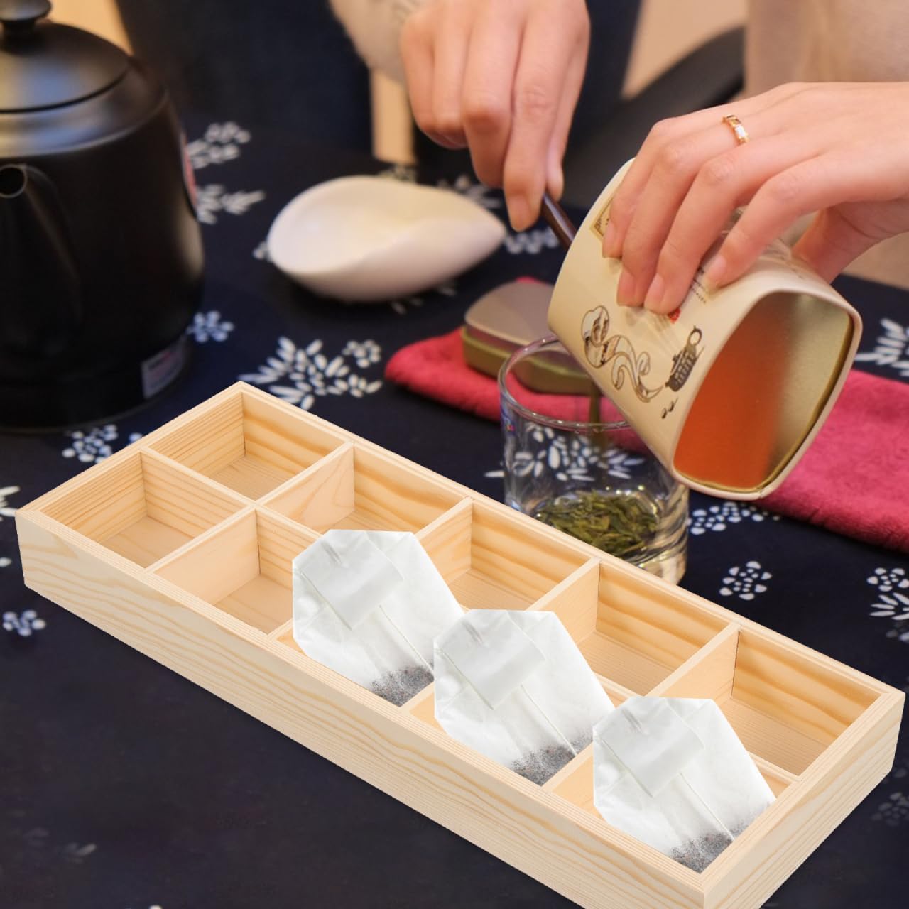 Wooden Tea Bag Holder Storage Box with Compartments Compact Organizer for Tea Bags Sugar Packets and Supplies Kitchen Countertop and Cabinets