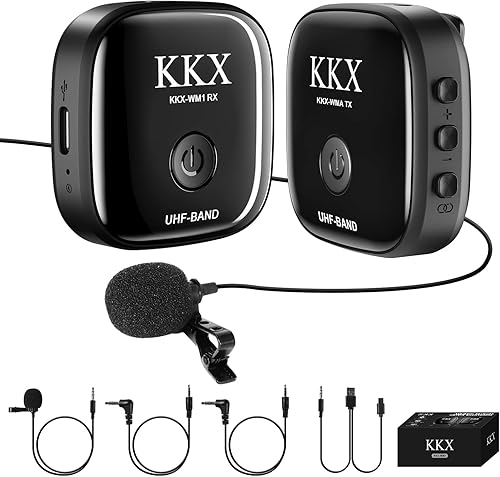 KKX Micrófono Lavalier inalámbrico con sistema de clip, micrófono de solapa UHF con 1 transmisor y 1 receptor para smartphone, iPhone, cámara,