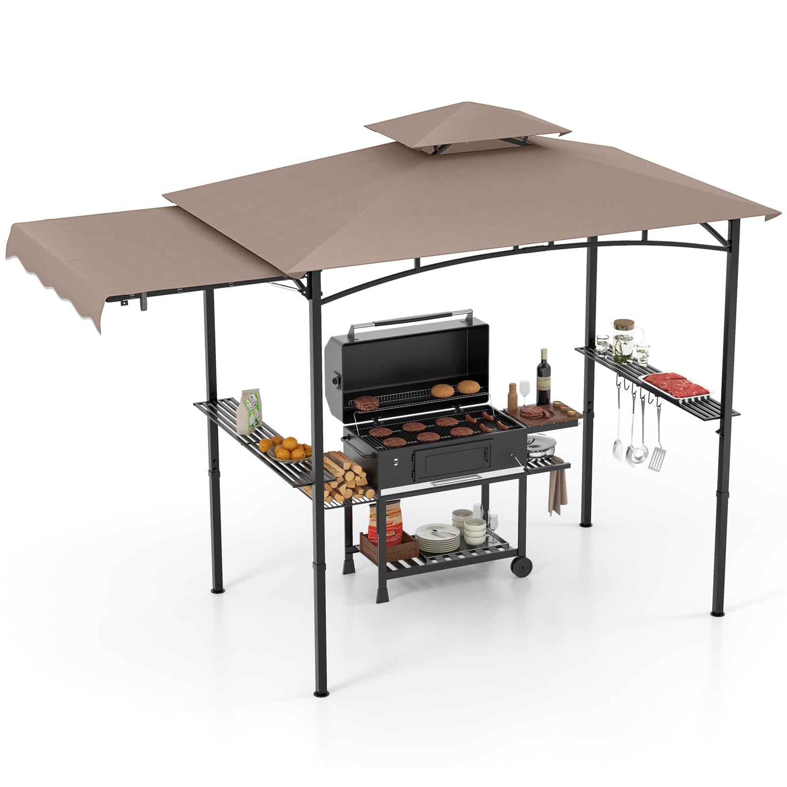TANGZON BBQ Grill Gazebo, Outdoor Barbecue Canopy with 2-Tiered Top, 2 Side Shelves, Hanging Hooks, Bottle Opener, Garden Deck Lawn Grilling Shelter (with Side Awning,Brown+Black)