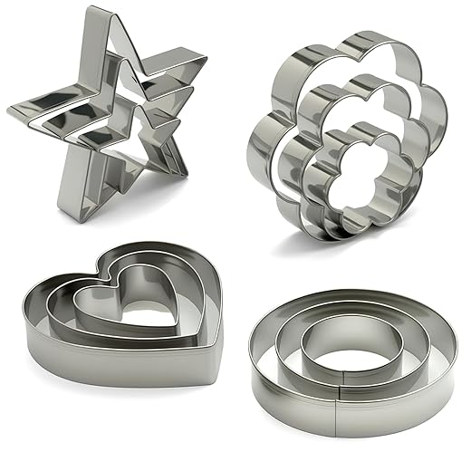 Stainless Steel Cookie Cutters Set 12Pcs - Heart, Flower, Round, Five Star Shapes - Small to Mini Size, Metal Biscuit Cutter Molds for Baking or Holiday Party Decorations