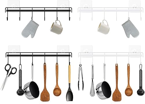 YiZhi Paquete de 4 ganchos de pared adhesivos para riel de cocina (2 negros y 2 blancos)