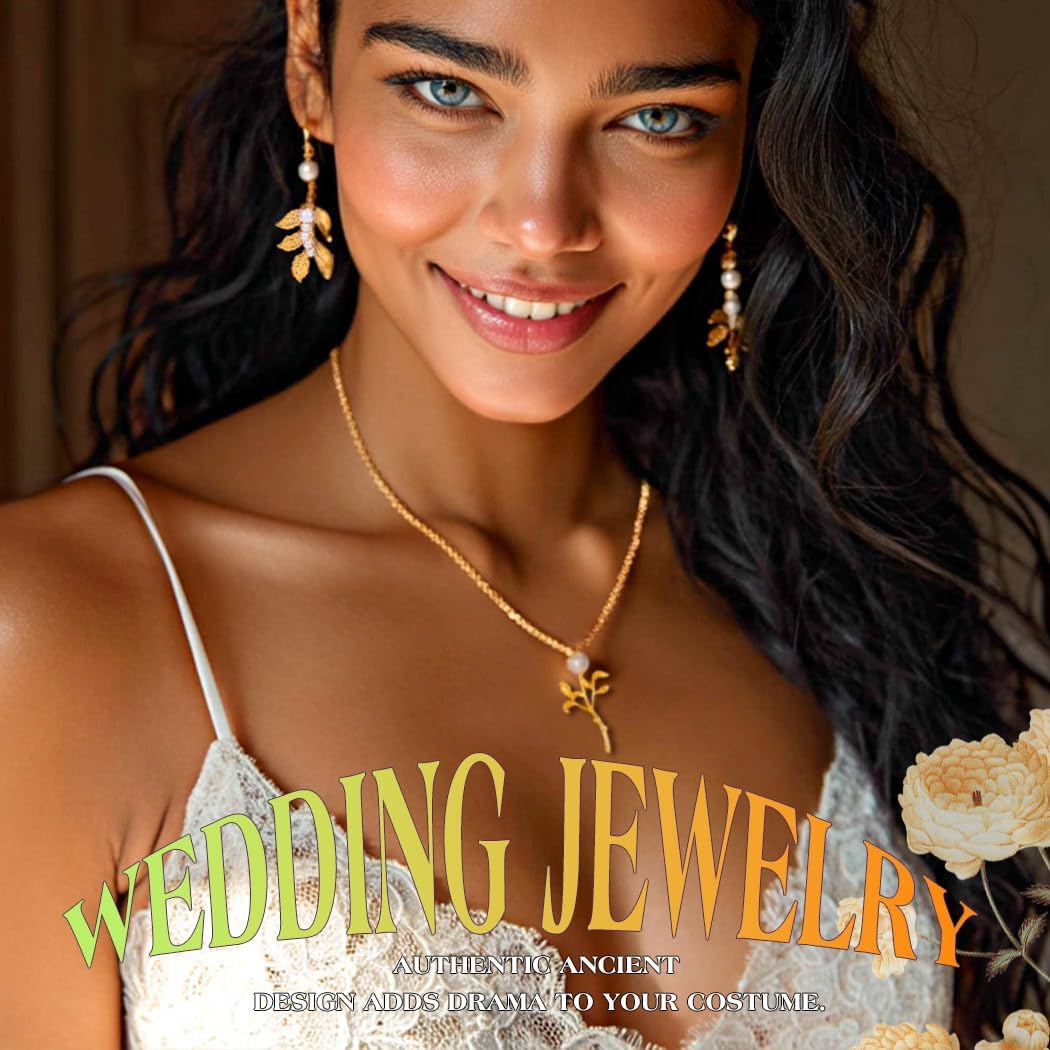 JEAIRTS Greek Goddess Leaf Jewelry Set Pearl Pendant Necklace and Dangle Earrings for Women,Gold Plated Vintage Jewelry - Image 4