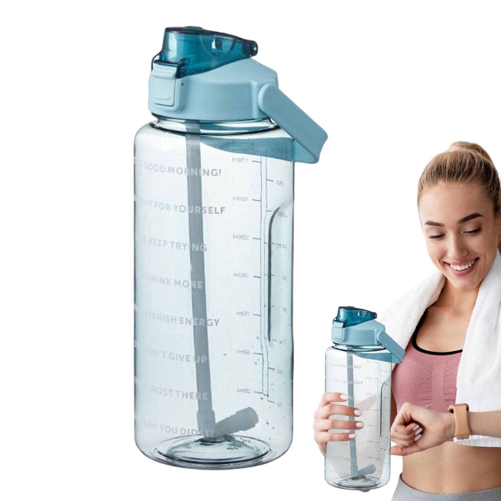 zidiau 2L Motivational Water Bottle with Time Marker Straw Leak Proof Portable Large Capacity Fitness Sport Bottle with Handle for Outdoor (Green)