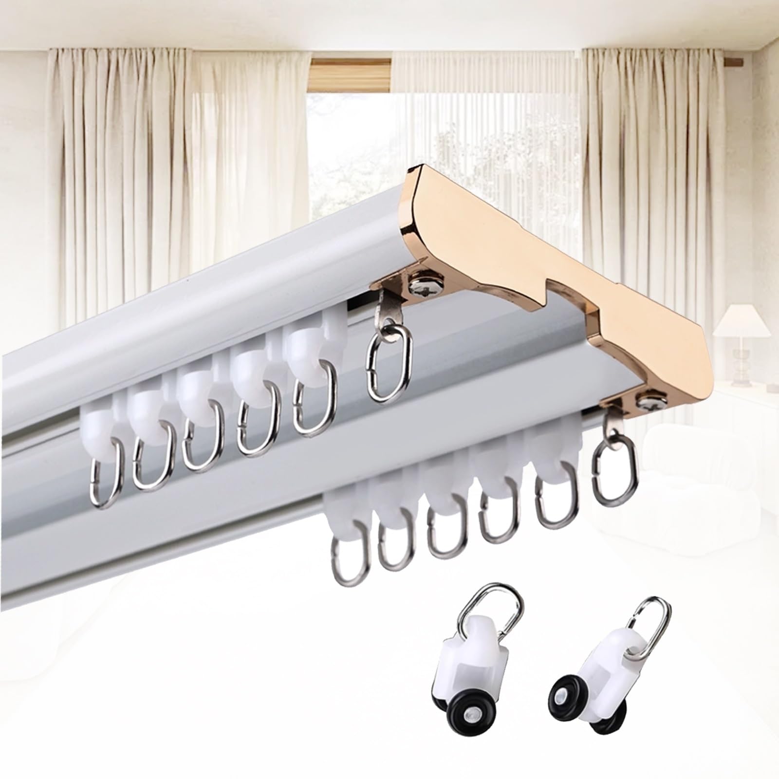 Aluminiowy, 2-warstwowy uchwyt sufitowy, 1, 1,5, 2, 3,6, 4,8, 6 m, cichy drążek zapewniający prywatność, płynne przesuwanie do salonu i sypialni, biały, 2 m