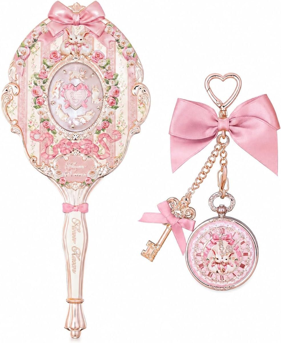 Flower Knows Bunny Garden Hand Mirror & Lip Balm Charm Set, Pink Decorative Makeup Gift
