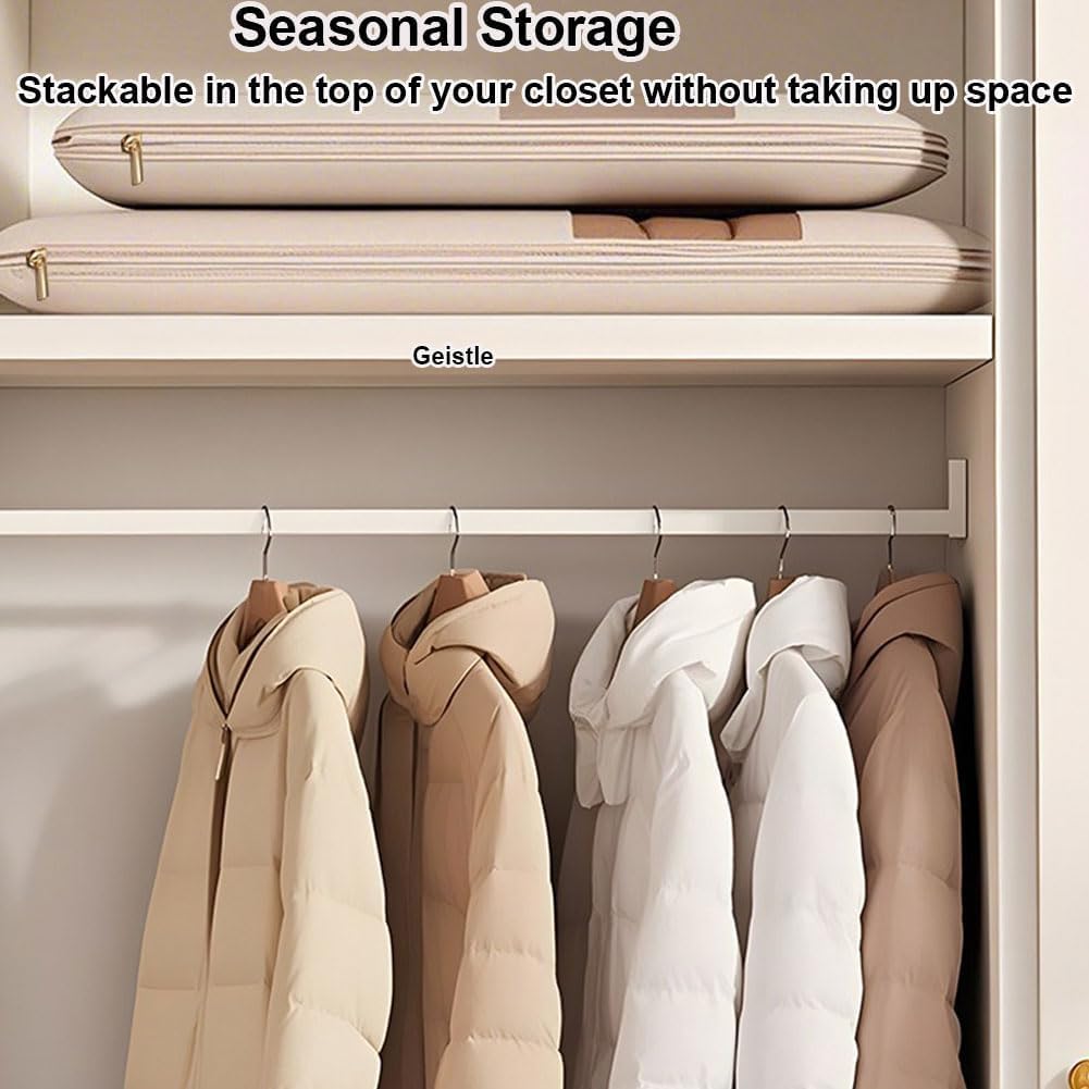 Lot de 3 sacs à vêtements à suspendre avec fermeture éclair auto-compression, organiseurs de placard pour manteau en duvet, sacs de rangement sous vide (beige, (taille M + L + XL)