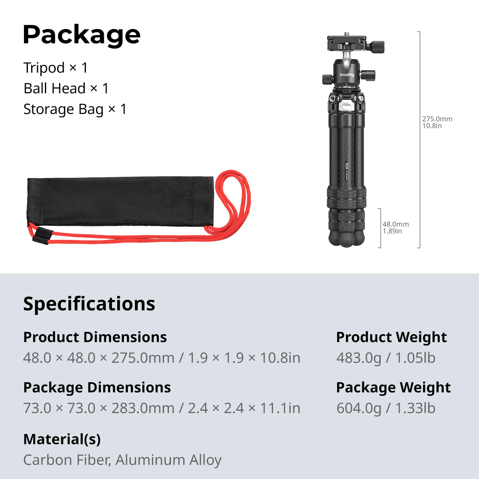 SMALLRIG Mini Treppiede da Tavolo in Fibra di Carbonio, Kit Treppiede da 15,5'' / 39,5 cm con Testa a Sfera a 360°, Capacità della testa a Sfera 3 kg / 6,6 Libbre per Fotocamere, DSLR, Obiettivi
