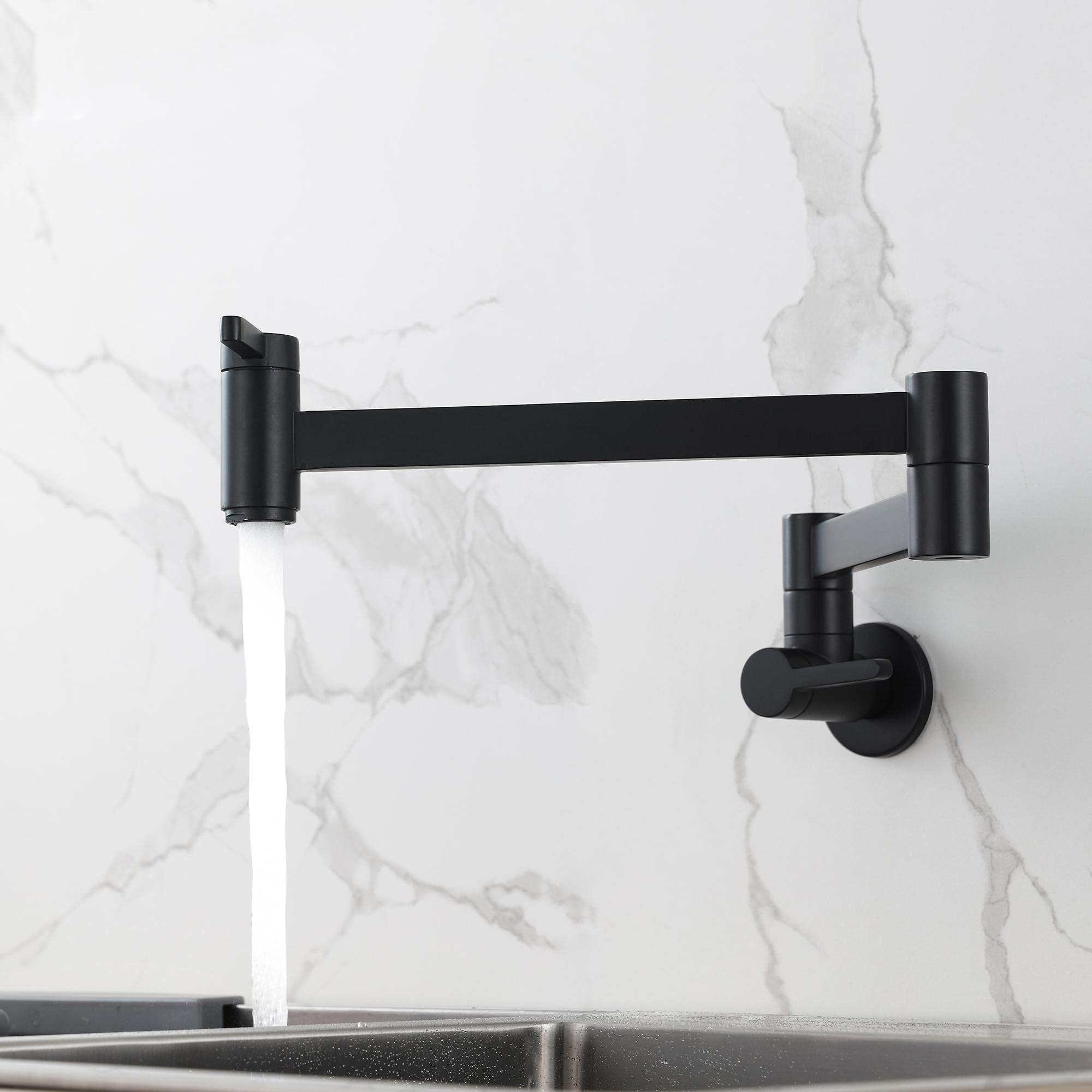 HomeLava Grifo relleno de olla negro, Grifo de cocina montado en la pared, Grifo latón, Plegable, Extensible, Doble junta, 2 manijas (negro)