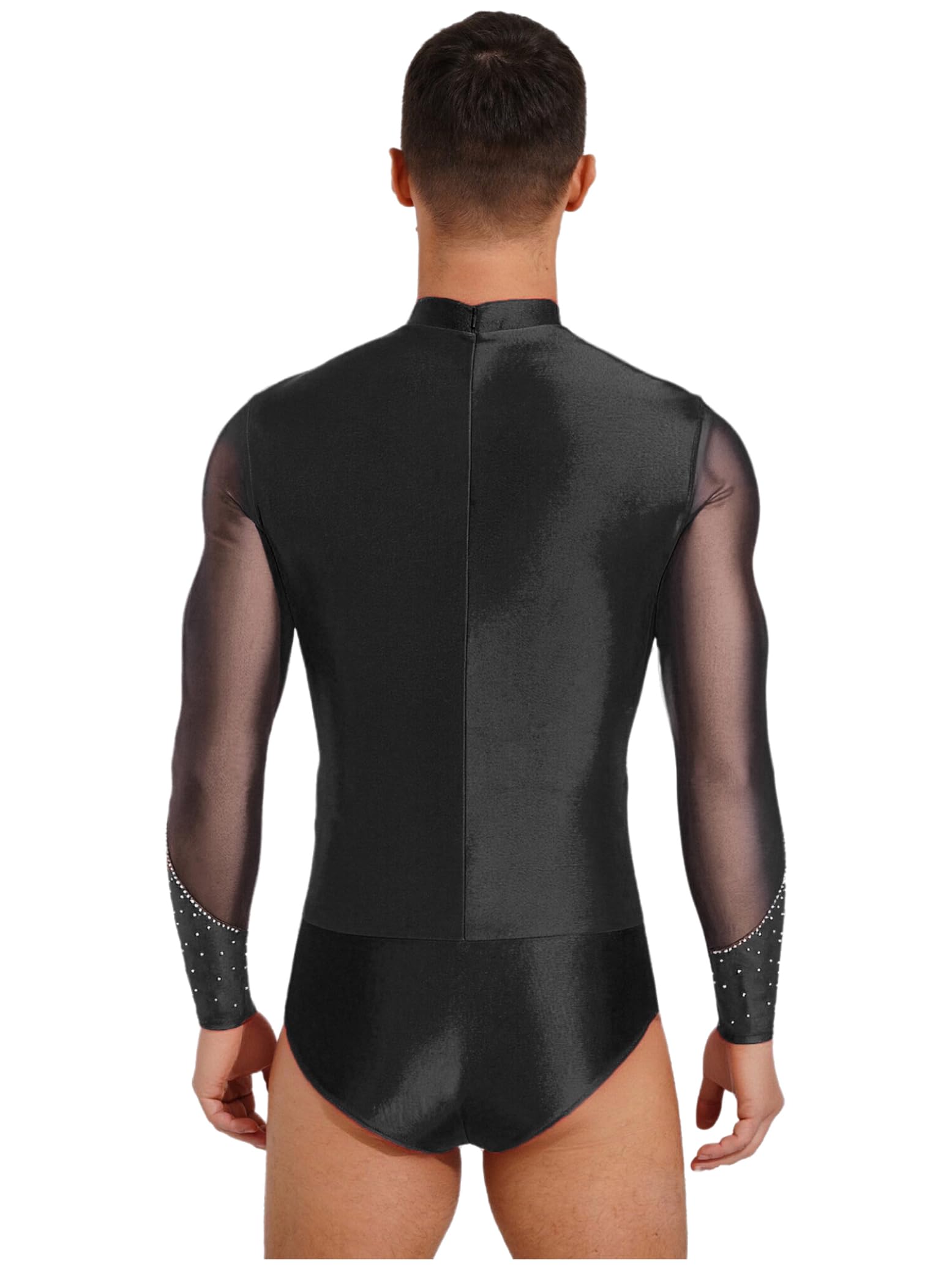 Hedmy Herren Latein Tanzbody Glitzer Mesh Langarm Turnanzug Trikot Gymnastik Lateinamerikanische Tanzkleidung Leotard