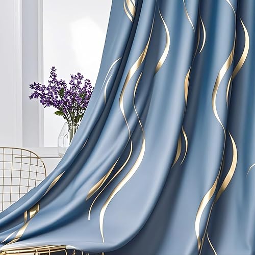 Miniatura 9 de MYRU 1 par de cortinas opacas para dormitorio, cortinas a rayas de lujo para sala de estar (azul marino y dorado, 2 x 54 x 84 pulgadas)