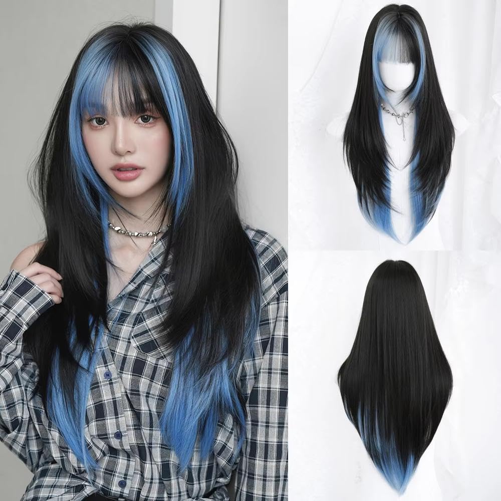 Haarpflege Lange Gerade Geschichtete Schwarze Blaue Perücke Für Frauen Bescheidene Wear and Go Perücken Mit Ordentlichem Pony