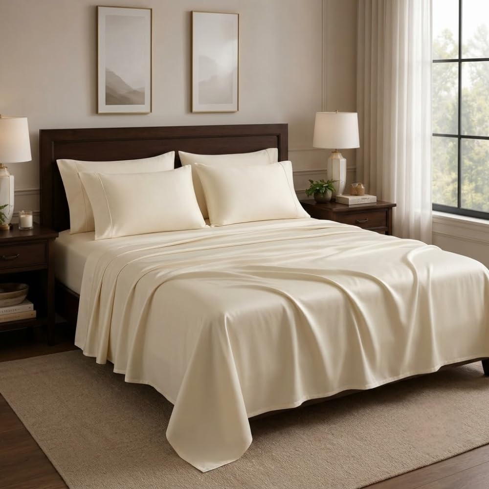 Egyptian Cotton Feel Full Size Flat Bedsheet with 2 Pillow Covers | 1000 TC Soft & Breathable | Ivory Solid Pattern for Bedrooms and Hotels Use (Size: 90 x 100 Inch)-image-28