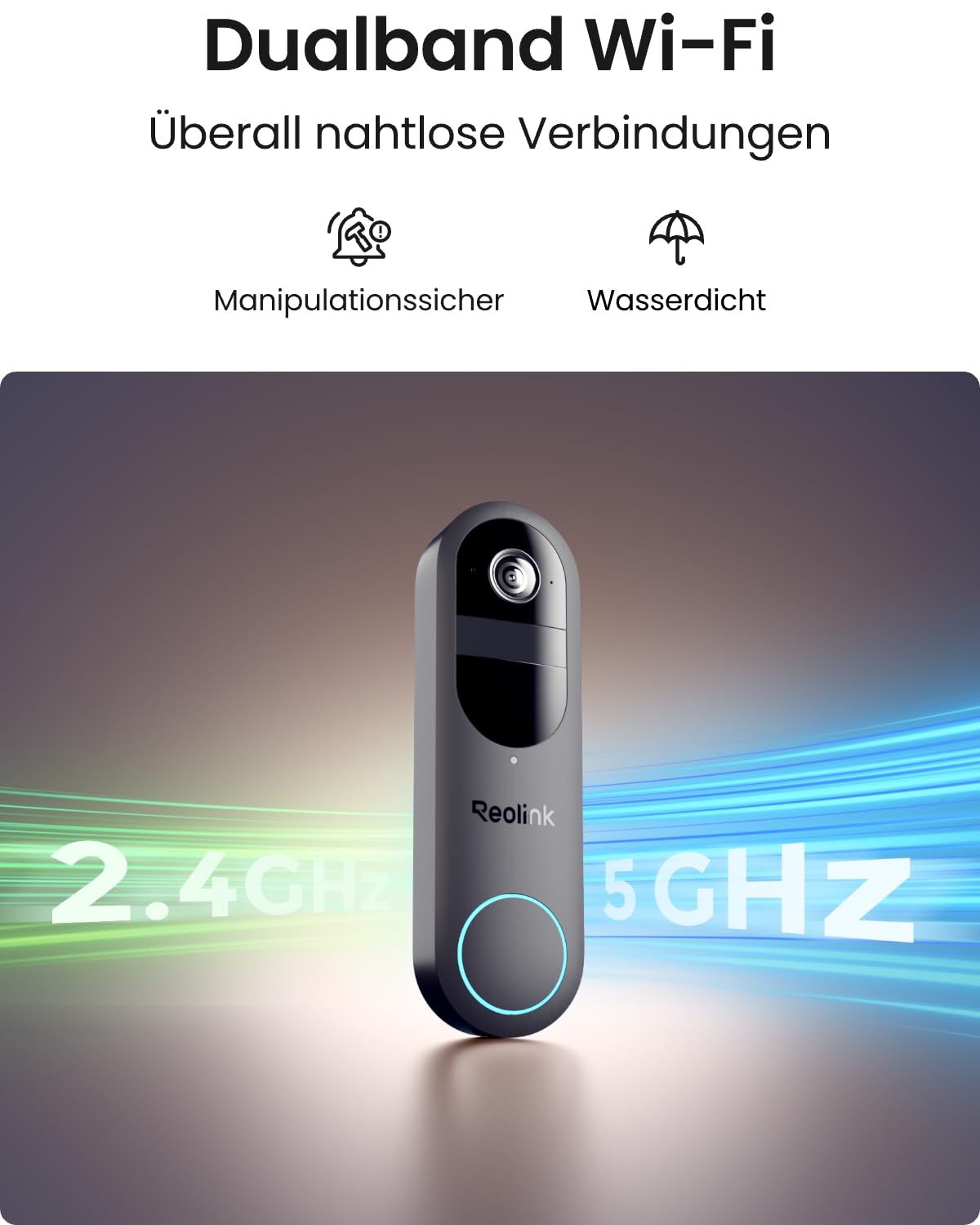 Reolink Akku Türklingel mit Kamera (2. Gen), 2K 1:1 Ansicht, 2 Betriebsmodi | 1:1 Kopf‑Fuß‑Ansicht, Kabellos & Kabelgebunden, 2,4&5GHz Wi-Fi, Lokalspeicher ohne Monatsgeb, KI-Erkennung, Rich-Notification