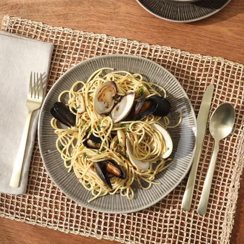 Image of Gibson Elite Sandy Pines Stoneware Plates and Bowls Set - 12 Piece Reactive Glaze Dinnerware Set - Service for 4 - Dishwasher and Microwave Safe - Brown