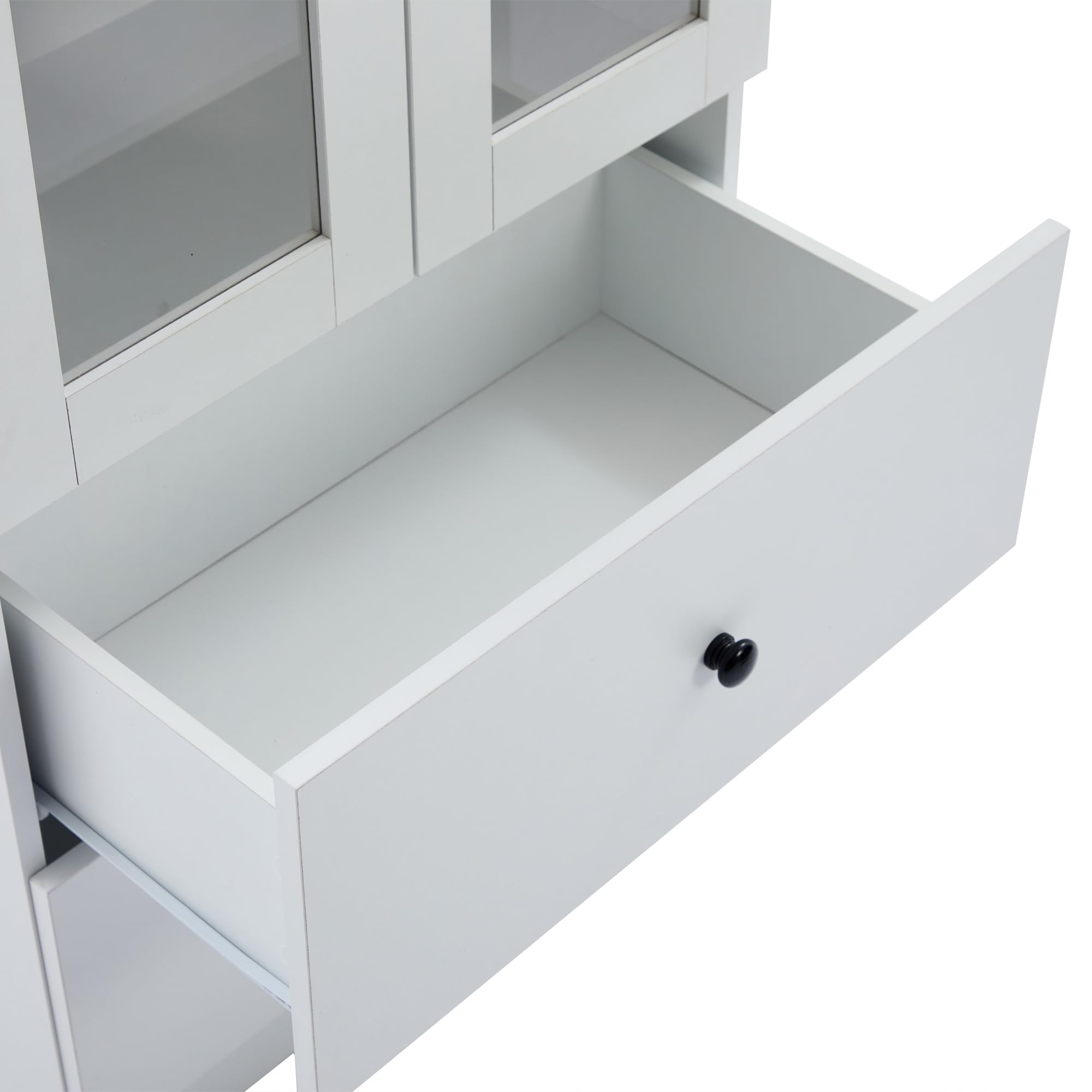 Moderna vitrina LED blanca mate de 165 cm de alto con puerto USB, mando a distancia de 16 colores, vitrina de cristal con 2 cajones, vitrina vertical con estantes ajustables, sala de estar
