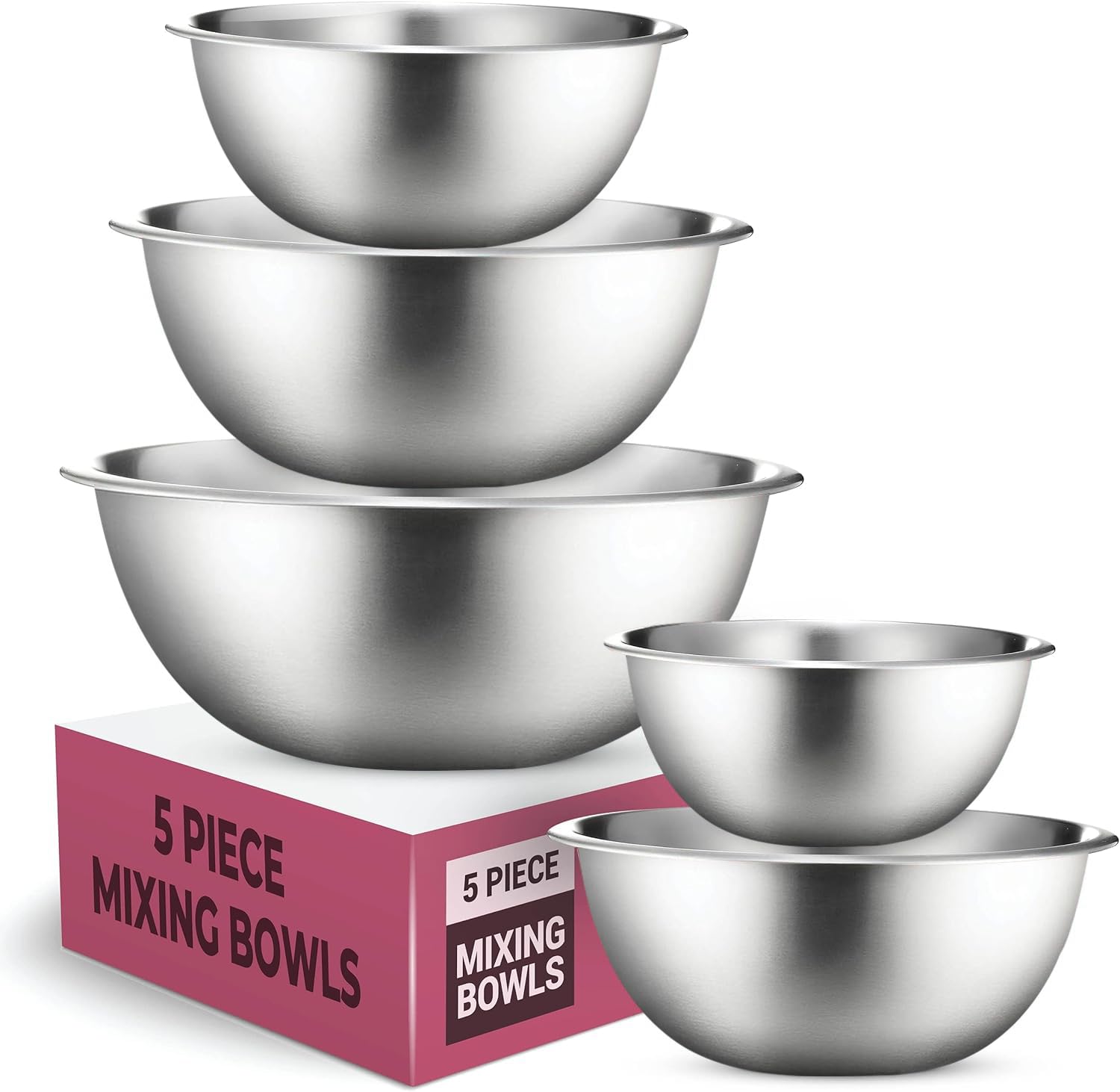 GARUET Mixing Bowls Set, Easy-Grip, Stainless Steel Mixing Bowls for Baking, Cooking, Salad & Food Prep - Large, Medium and Small Metal Nesting Bowls (5, Stainless Steel)