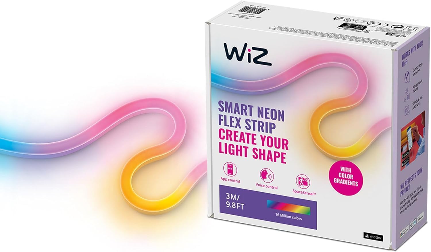 WiZ Ruban LED Neon Flex, 16 millions de couleurs et nuances de blanc, Bande LED 3 m, Scènes de lumières dynamiques, Connexion WI-FI, Contrôle par la Voix, App, Alexa,Google Assistant et Apple HomeKit