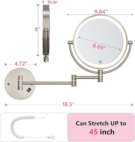 Vista 6 de Espejo de maquillaje montado en la pared con luces, aumento de doble cara 30X/1X, espejo de tocador iluminado con 3 modos de color, brillo Níquel