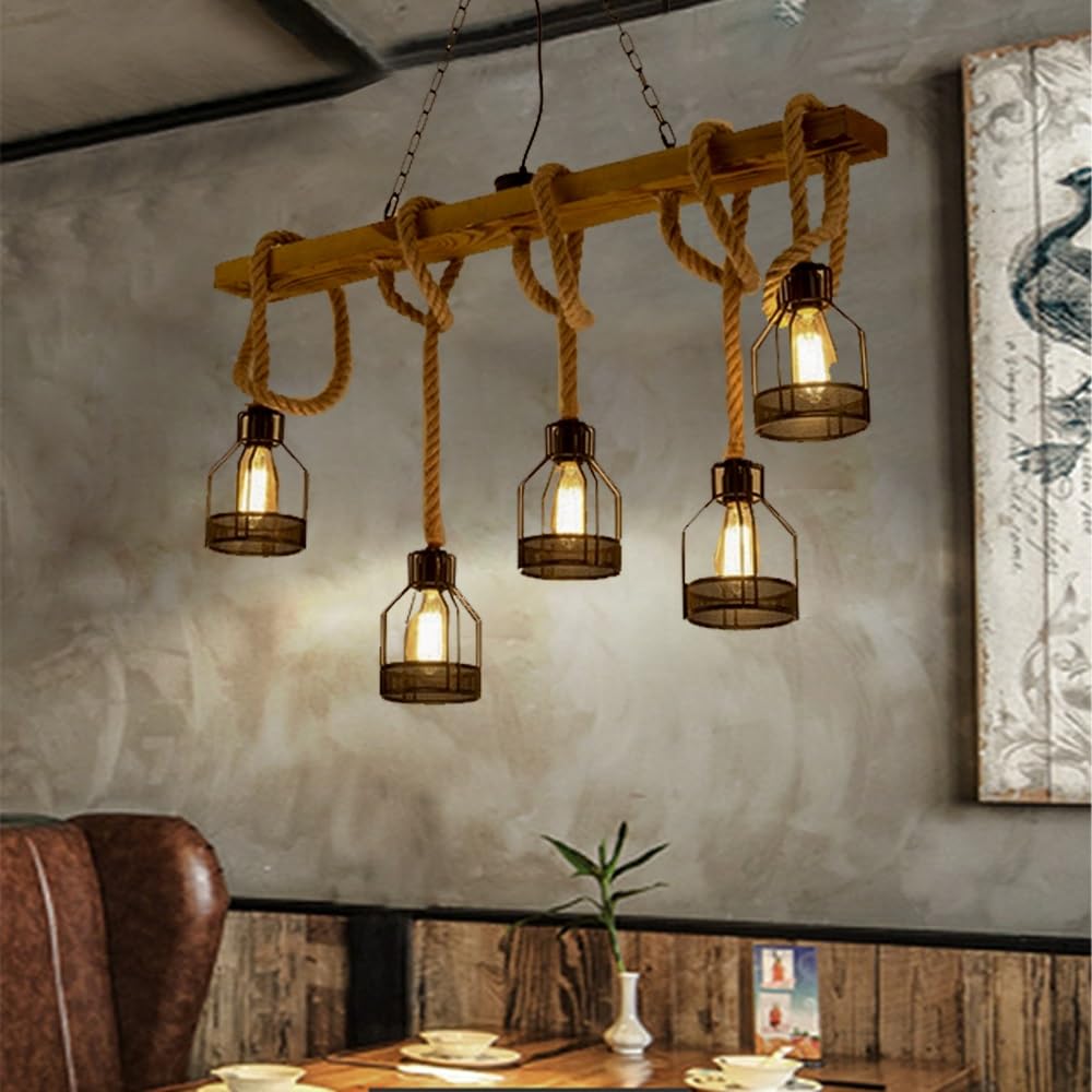 JOJOM Lámpara Colgante Industrial Vintage Altura Ajustable Iluminación Colgante de Madera Lámpara de Cristal Industrial E27 Lámpara Colgante Habitación Hotel Bar Salón Comedor