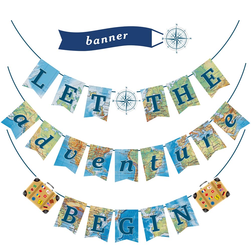Wancala Bon Voyage Party Decor - Let The Adventure Begin Bunting Banner for Going Away Farewell Travel Themed Party Decor, World Map Pennant for Graduation Birthday Baby Shower Retirement Party