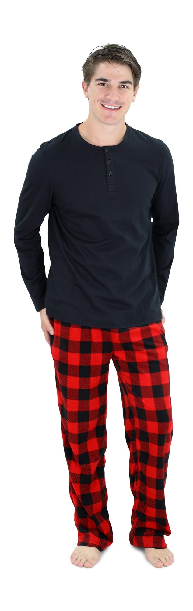 Cherokee Men's Pajama Set, Long Sleeve Cotton Top & Micro Fleece Pants, Breathable Cozy Loungewear