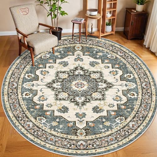 Washable Oriental Area Rug - 9ft Round Rugs for Living Room Soft Carpet for Bedroom Waterproof Floral Distressed Indoor Stain Resistant Non-Shedding Floor Carpets (Blue, 9ft-Round)