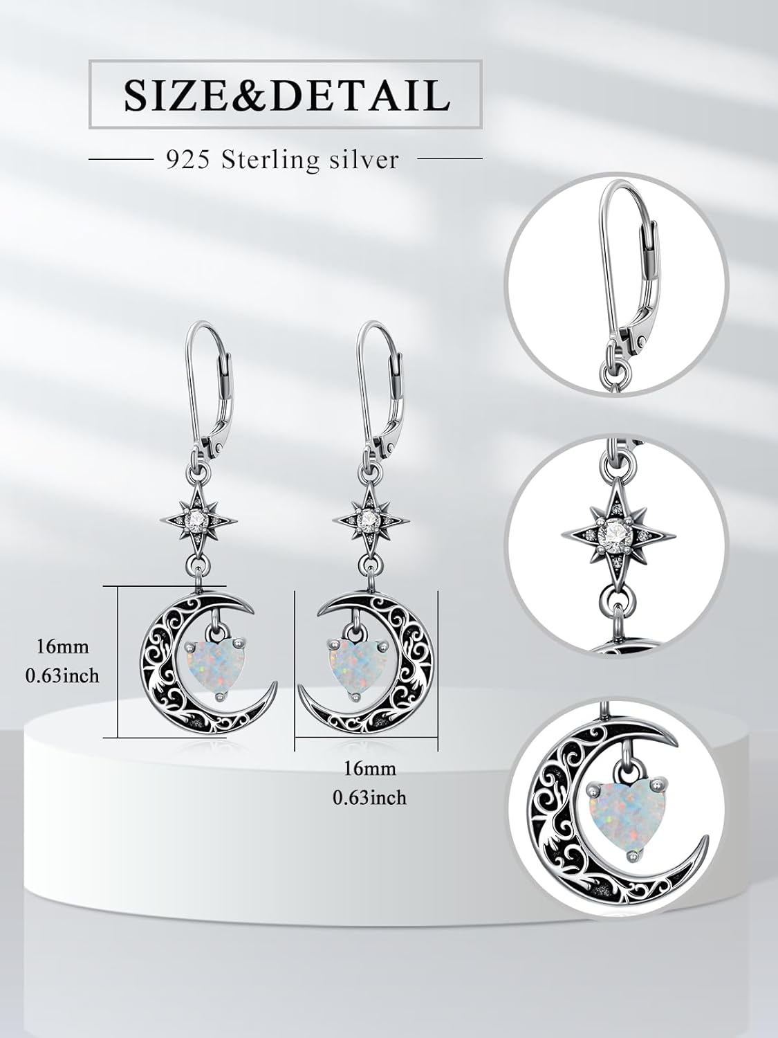Moon Star Birthstone Dangle Drop Earrings for Women 925 Sterling Silver Black Crescent Moon Celestial Heart Earrings Hypoallergenic Gothic Jewelry Birthday Gifts - Image 2