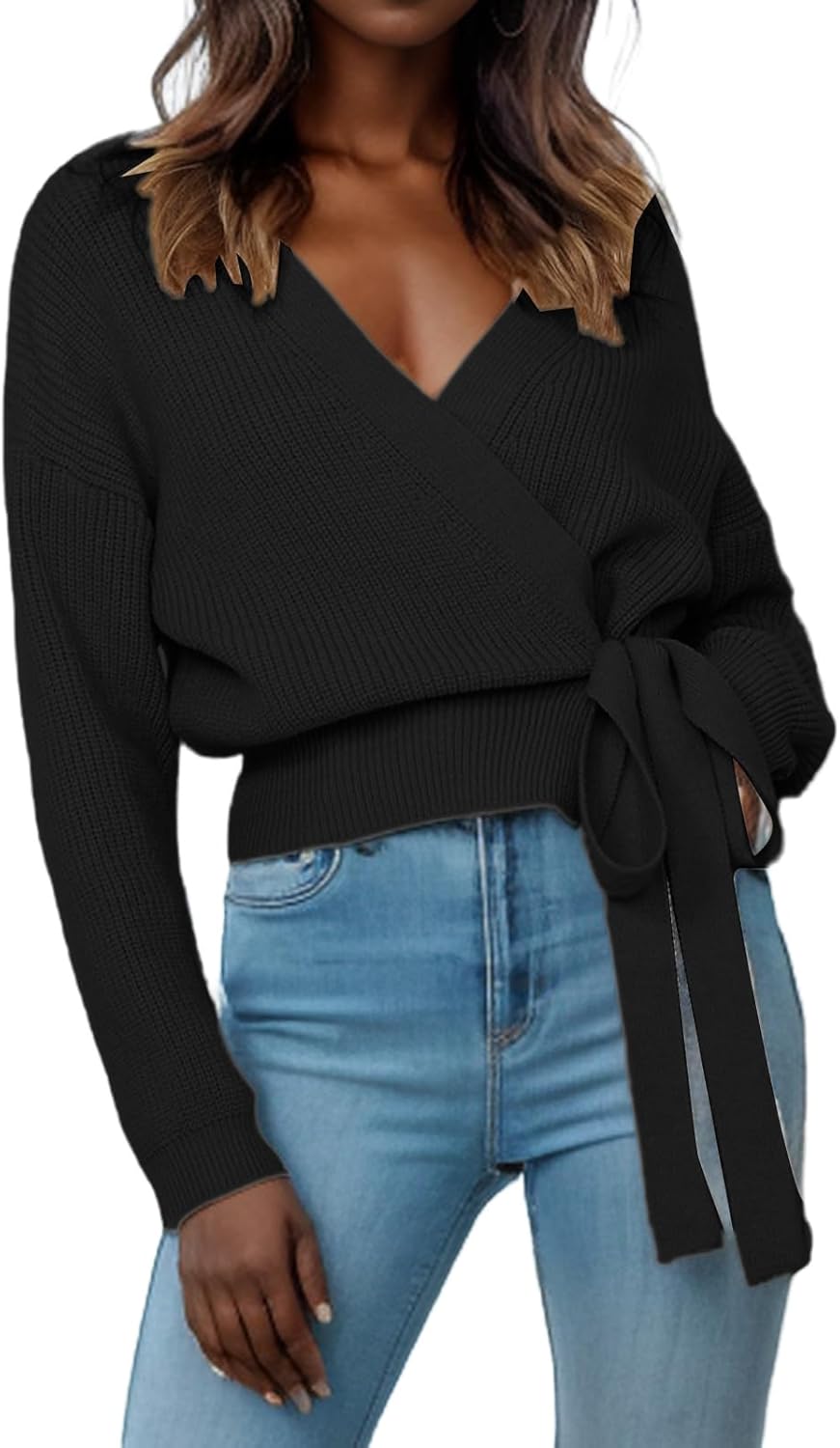 Women's Casual V Neck Wrap Sweater Pullovers Lightweight Ribbed Drop Shoulder Knitted Tops