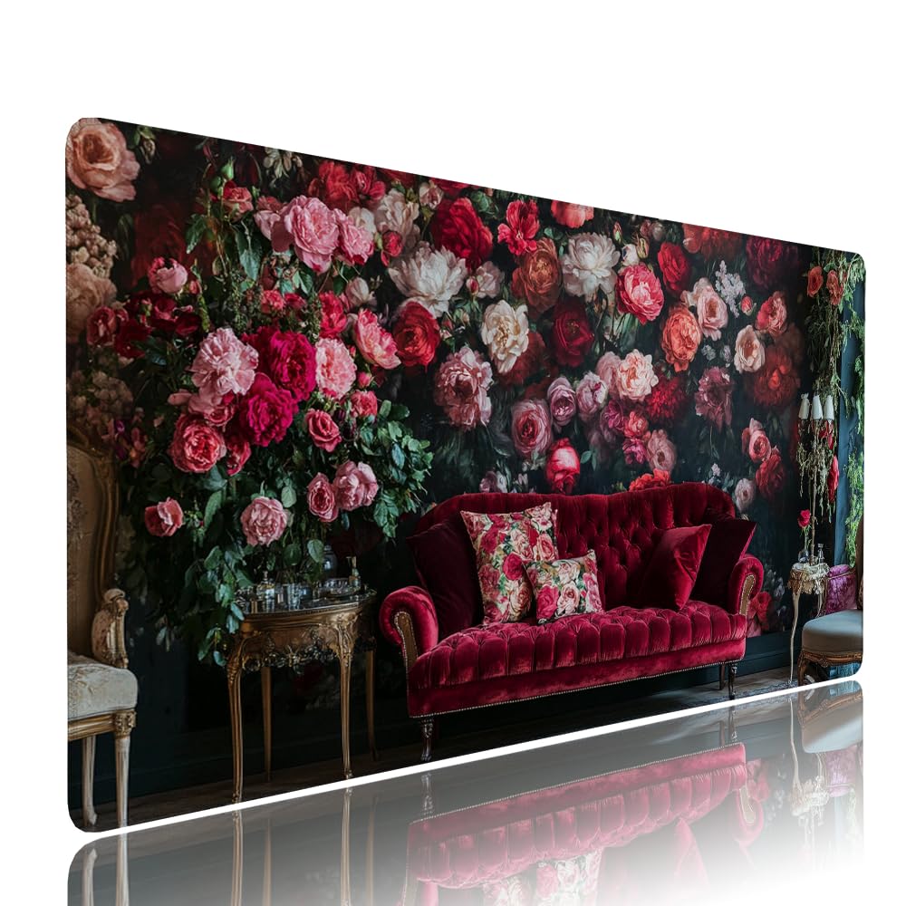 Czerwona podkładka pod mysz XXL akcesoria do gier podkładka na biurko duża podkładka pod mysz i klawiaturę kwiat akcesoria PC 1400 x 600 x 3 mm mata biurkowa biurkowa, z wodoodporną i antypoślizgową