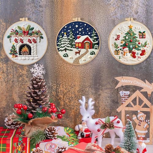 Image of LB Christmas Embroidery Kit for Beginners Adults, 3 Sets Hand Embroidery Starter Kit with Fireplace Pattern and Instructions Stamped Cross Stitch Kits Include Embroidery Hoop Needles Threads Scissors