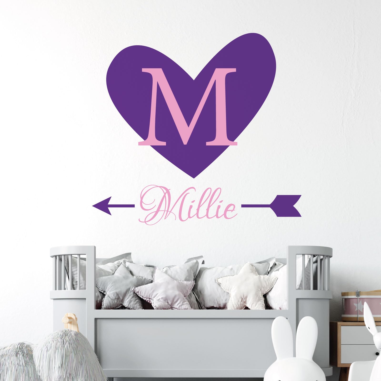Heart & Arrow - Personalised Name, Initial Letter, Children Nursery Bedroom Decal Wall Sticker [Large] [Purple]