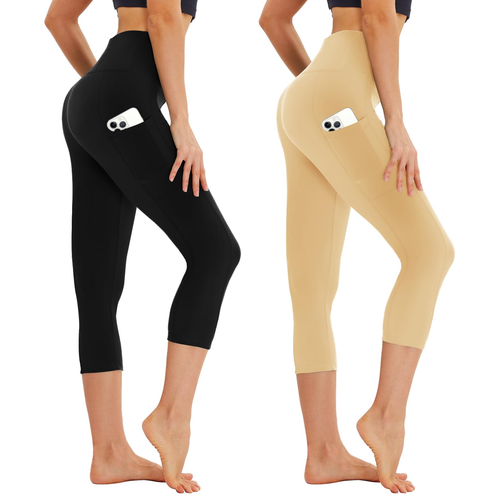 AMIYOYO Capri Leggings Damen mit Taschen 3/4 Sport Leggins High Waist Sporthose Blickdicht Elastisch 7/8 Yoga Hose Fitness Laufen für Outdoor 2er Pack