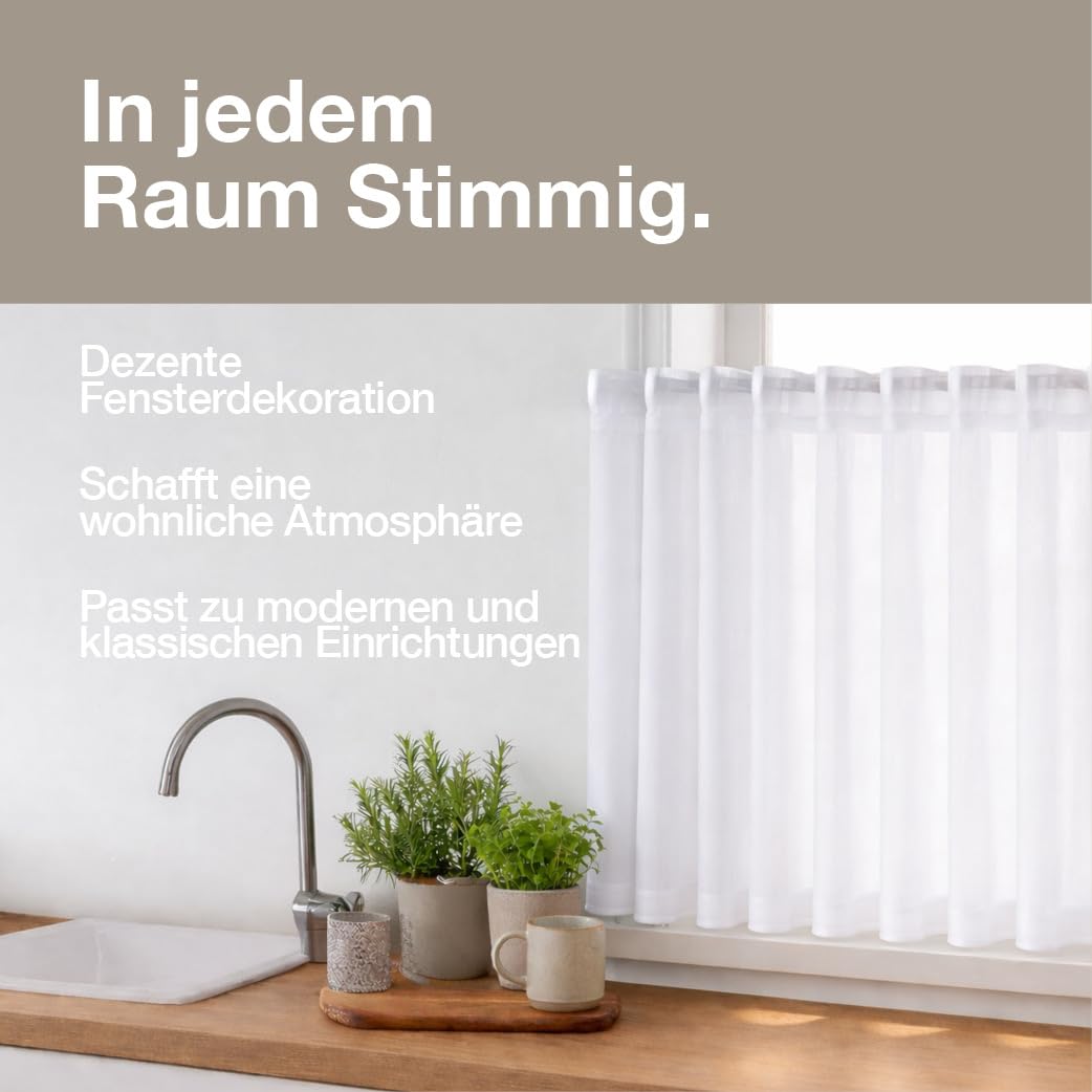 Happy Home 2er Set Scheibengardine Mina Weiß 205x50 cm – Moderne Bistrogardine mit Gardinenband – Halbtransparente Kurzgardine für Küche & Bad – Sichtschutz & Fenstergardine waschbar