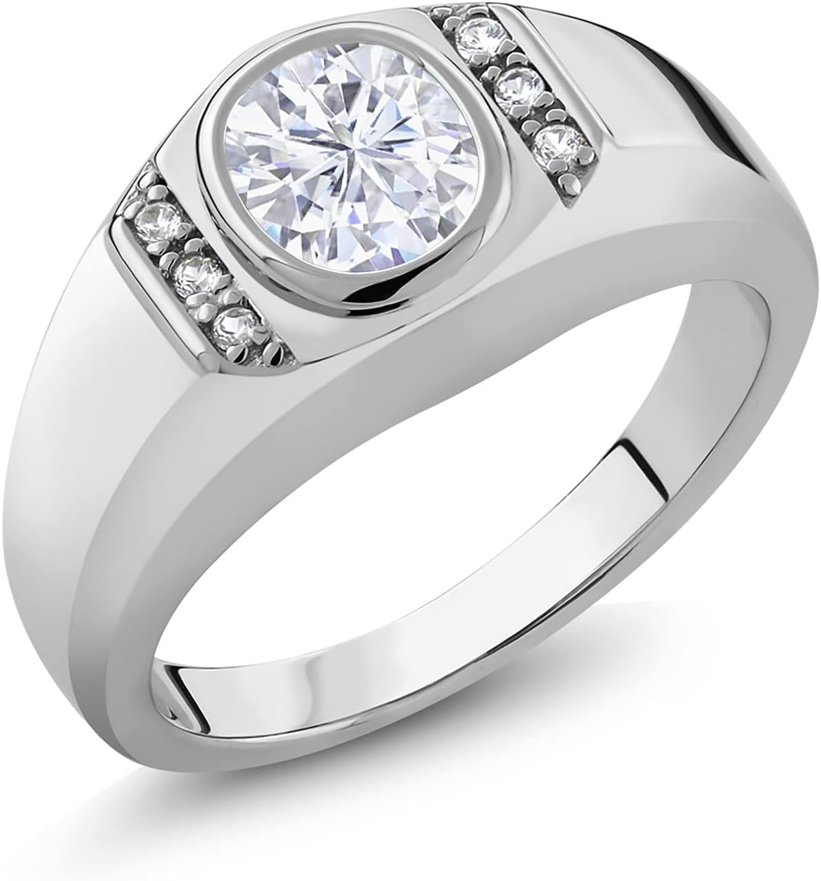Gem Stone King Men's 925 Sterling Silver White Moissanite and White Created Sapphire Ring For Men | 1.56 Cttw | Oval 8X6MM | Available In Size 7, 8, 9, 10, 11, 12, 13)