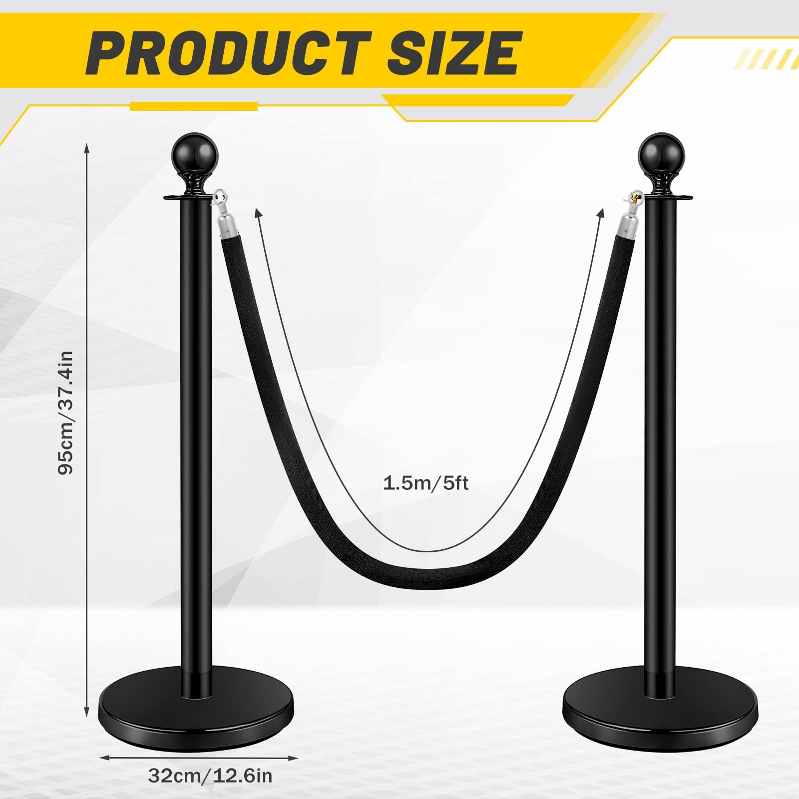 Pali distanziatori in Acciaio Inox 8 Pezzi, Altezza 95 cm, con Corda di Velluto da 1,5 m, Collegamento a 4 Vie, Base di Diametro 32 cm