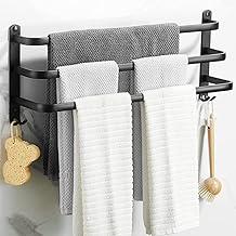 Bathroom Towel Rack, Wall Mounted Aluminium Towel Rack, 3 Tier Towel Holder, Bathroom Shelf Towel with Hooks (Black)