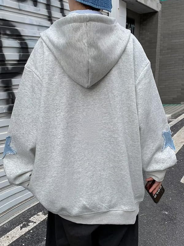 Image of BAIMORE Unisex Vintage Blue Star Patch Drawstring Zipper Hoodie Loose Casual Couple Jacket