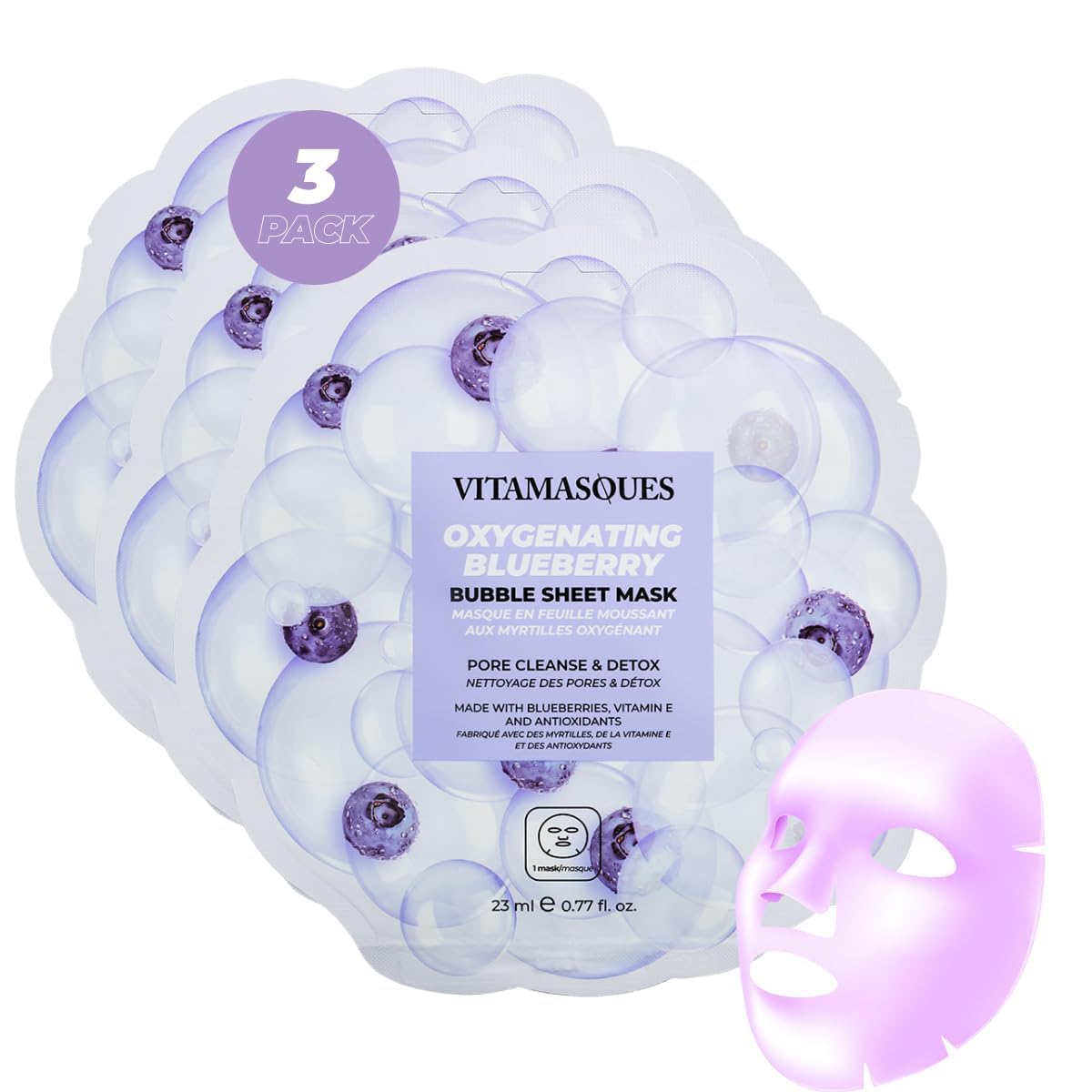 Vitamasques Blueberry Oxygenating Bubble Face Mask, Pore Cleanse and Detox, Deeply cleansing action, with bubbling fun (Pack of 3)
